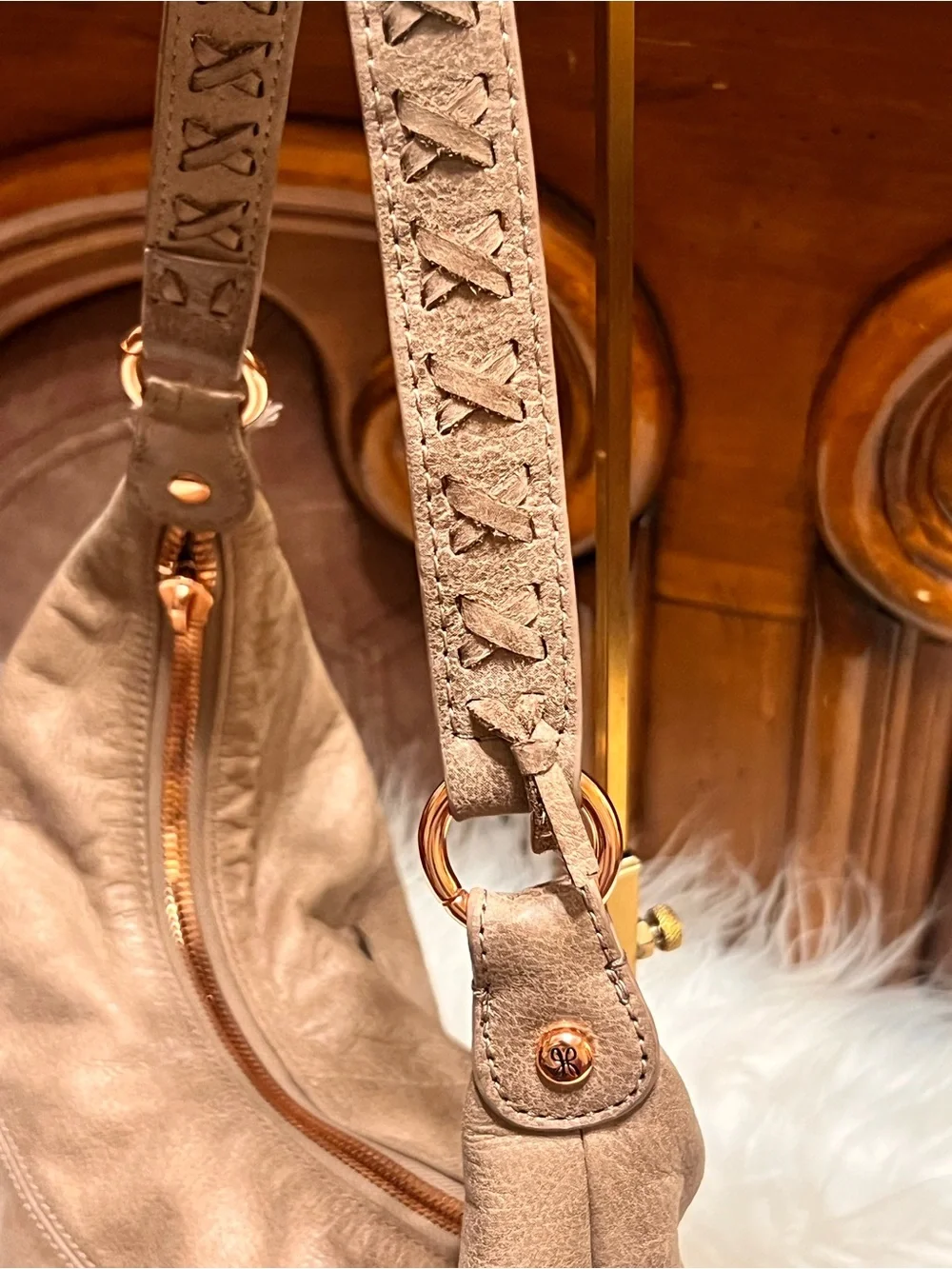 HOBO Taupe Braided-Handle soaf Leather Hobo Shoulder Bag